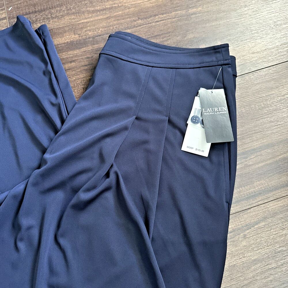 Lauren Ralph Lauren Women's Pleated Stretch Jersey Wide-Leg Pants Navy Blue 8 - Picture 7 of 12